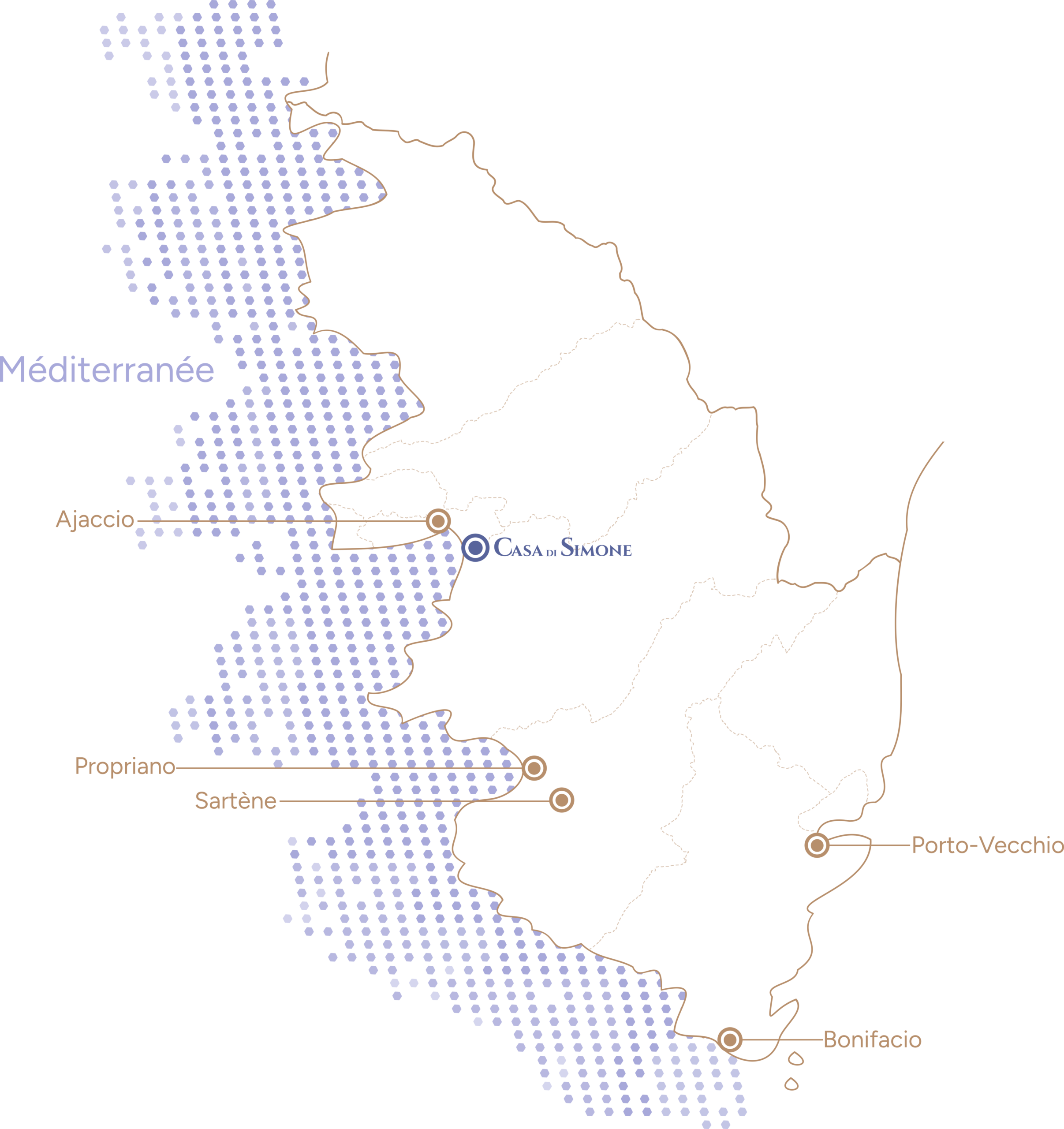 Carte de situation de Casa Di Simone à Pietrosella dans le golfe d'Ajaccio, entre Ajaccio, Propriano et Bonifacio.
